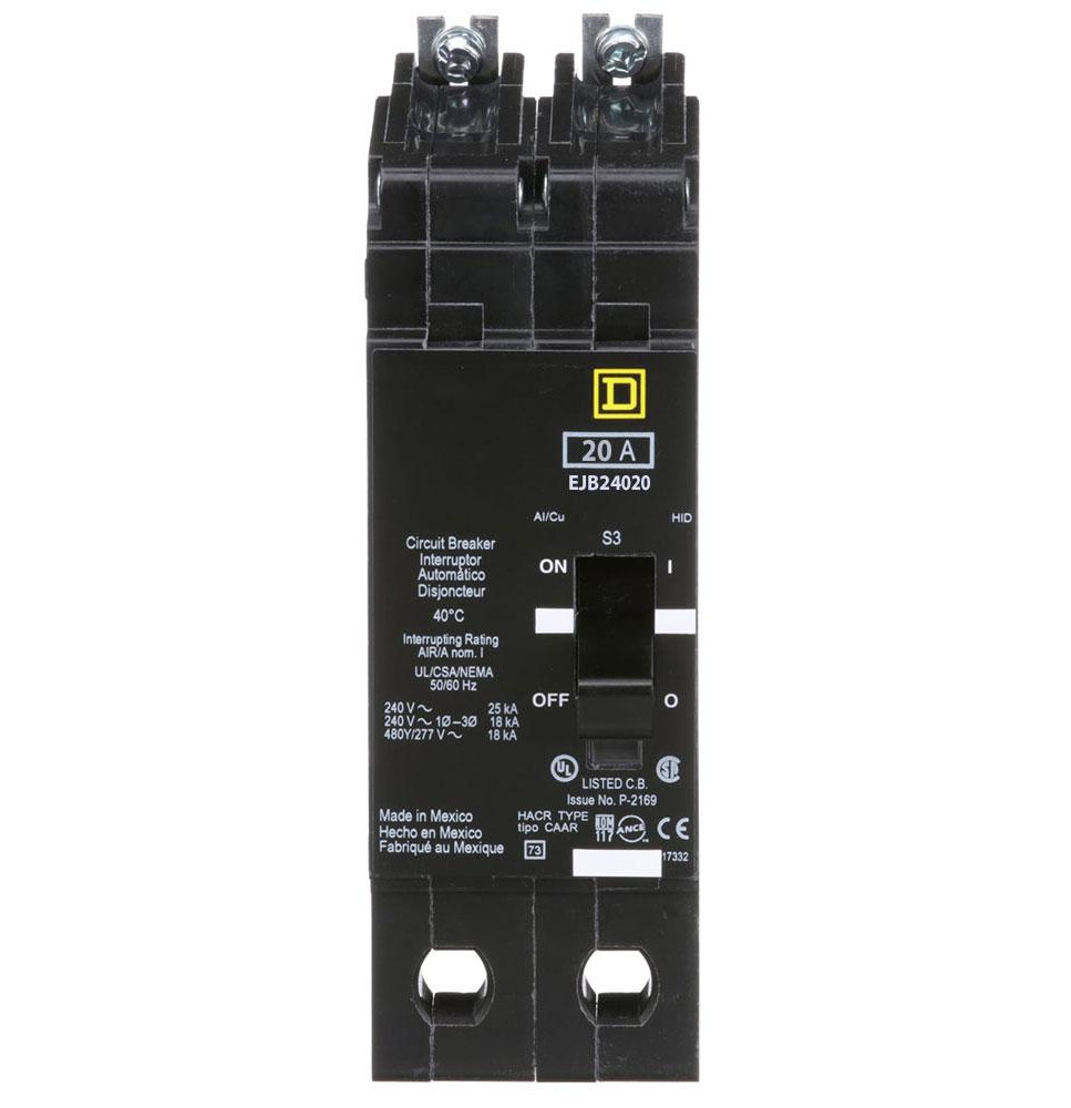EJB24020 - Square D 20 Amp 2 Pole 480 Volt Bolt-On Molded Case Circuit Breaker