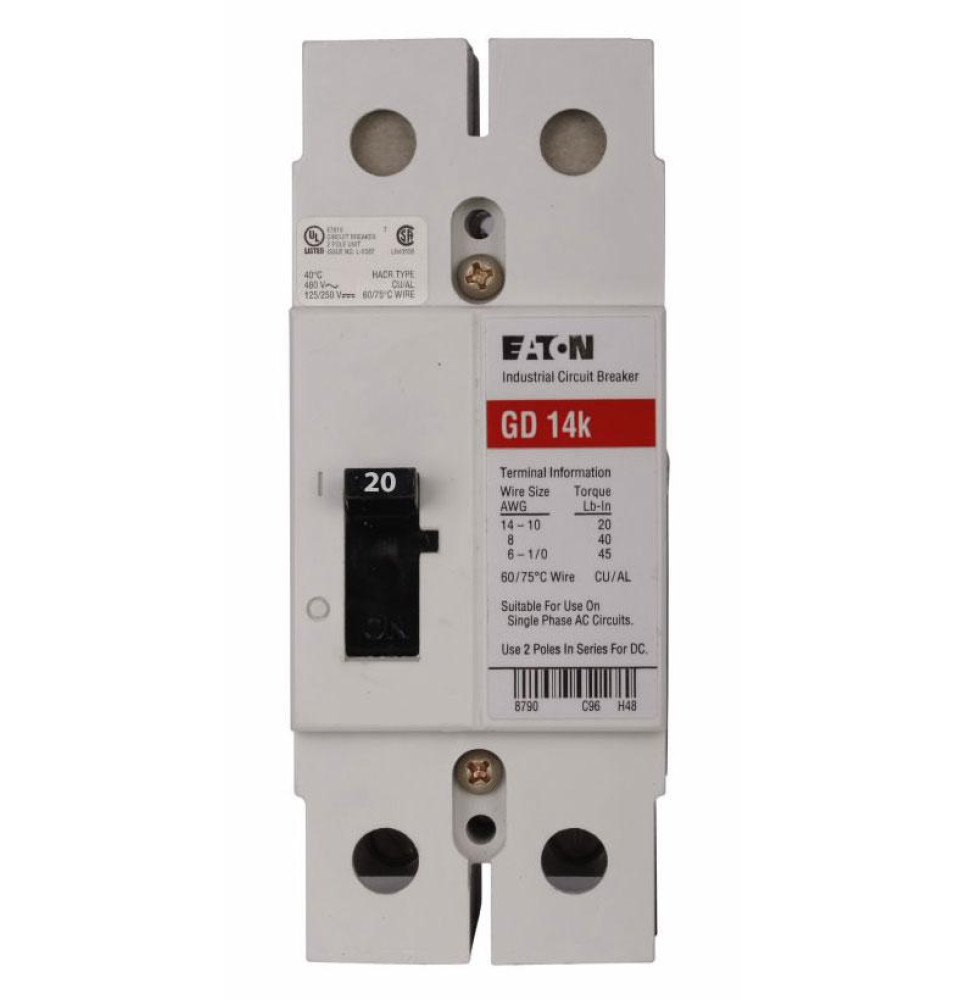 GD2020 - Eaton Cutler-Hammer 20 Amp 2 Pole 480 Volt Molded Case Circuit Breaker