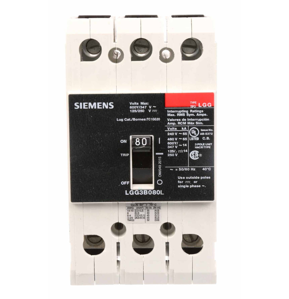 LGG3B080L - Siemens 80 Amp 2 Pole 600 Volt Molded Case Circuit Breaker