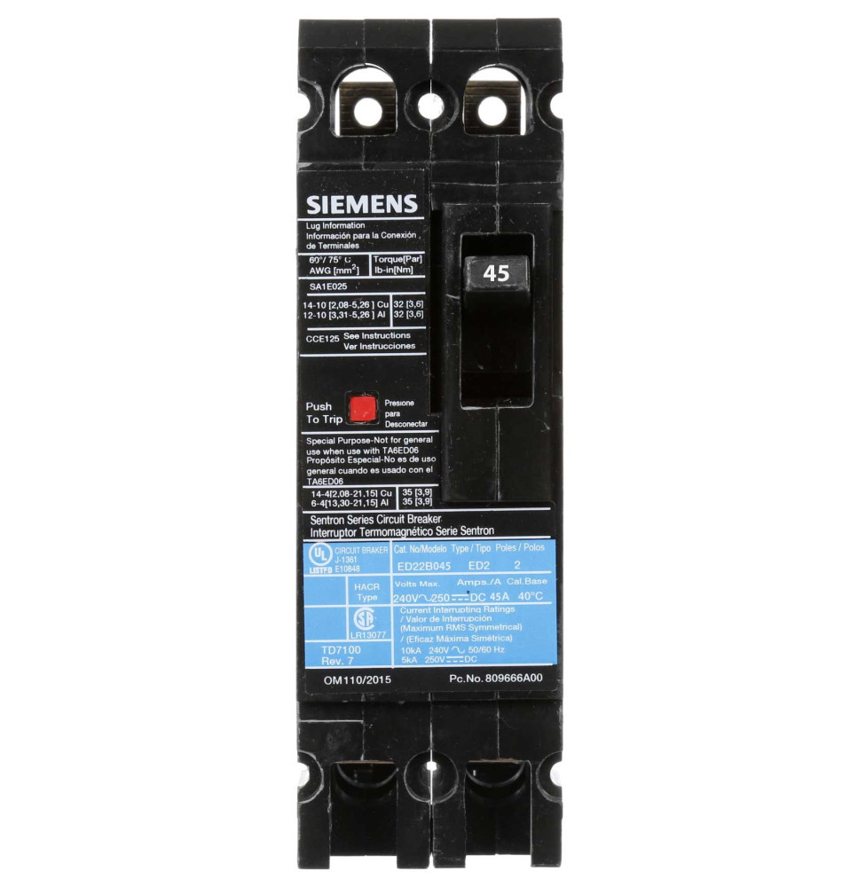 ED22B045 - Siemens 45 Amp 2 Pole 240 Volt Bolt-On Molded Case Circuit Breaker