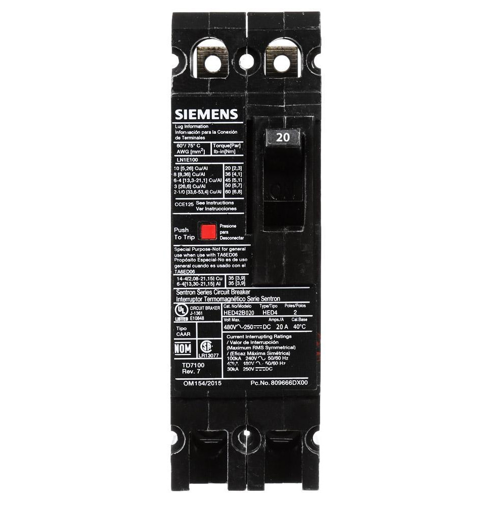 HED42B020 - Siemens 20 Amp 2 Pole 480 Volt Bolt-On Molded Case Circuit Breaker