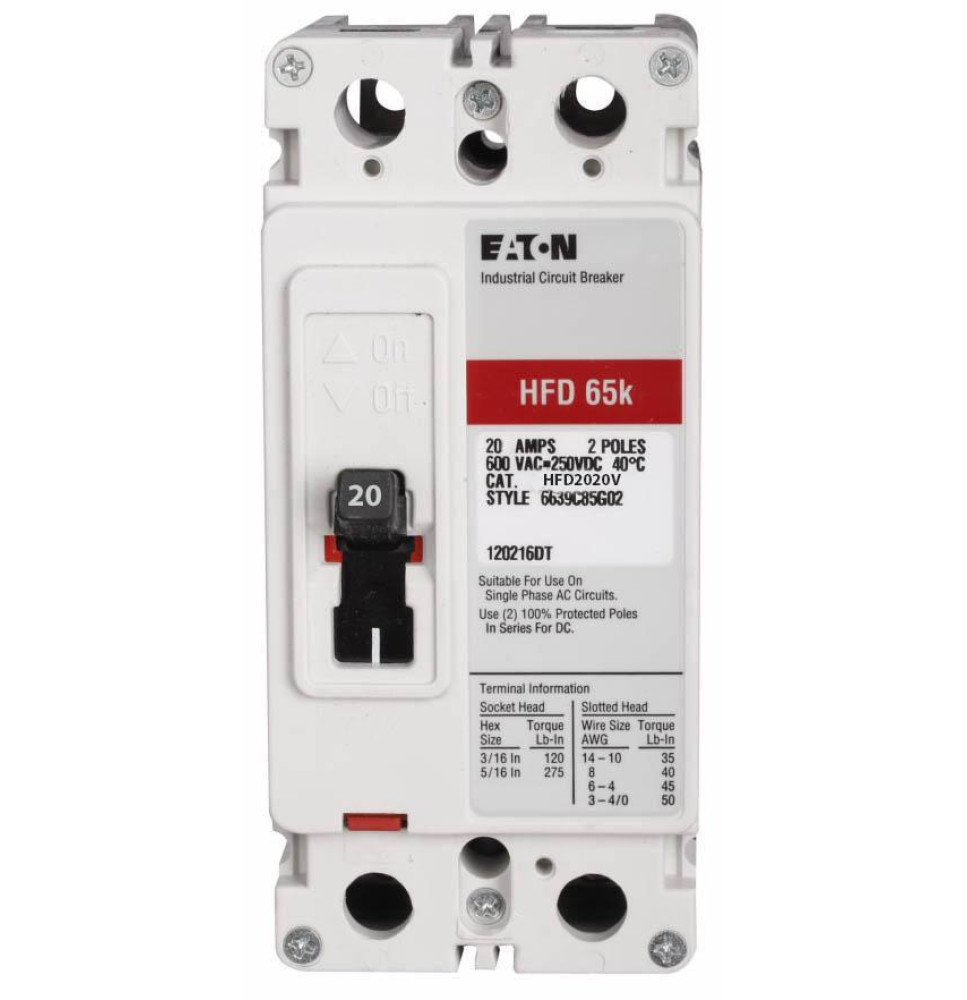 HFD2020V - Eaton Cutler-Hammer 20 Amp 2 Pole 600 Volt Molded Case Circuit Breakers