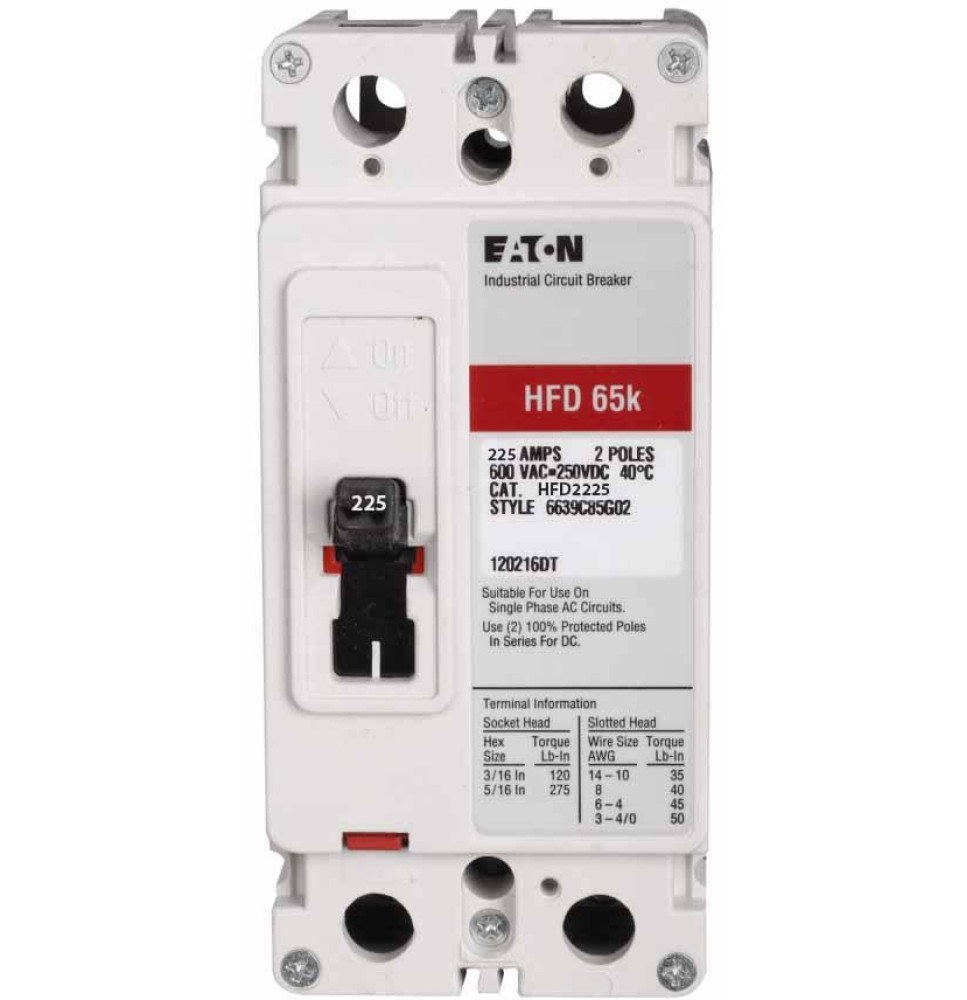 HFD2225 - Eaton Cutler-Hammer 225 Amp 2 Pole 600 Volt Molded Case Circuit Breaker