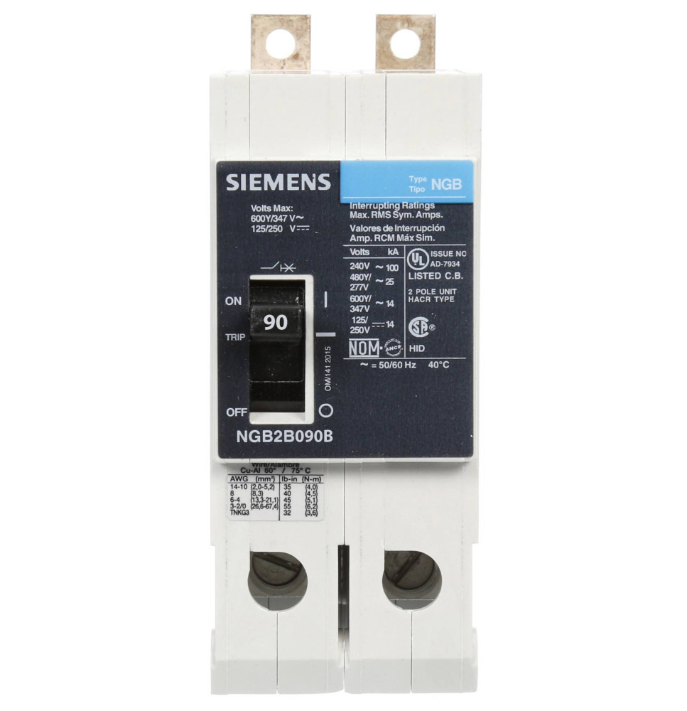 NGB2B090B - Siemens 90 Amp 2 Pole 600 Volt Bolt-On Molded Case Circuit Breaker