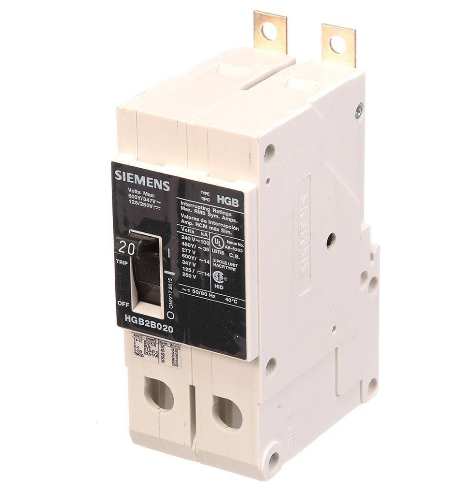 HGB2B020B - Siemens 20 Amp 2 Pole 600 Volt Bolt-On Molded Case Circuit Breaker