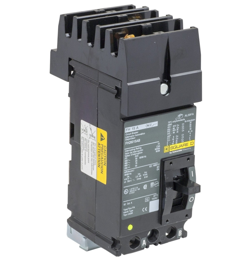FH26015AB - Square D 15 Amp 2 Pole 600 Volt Molded Case Circuit Breaker