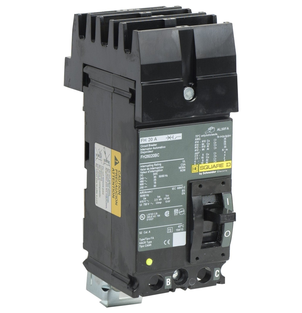 FH26020BC - Square D 20 Amp 2 Pole 600 Volt Molded Case Circuit Breaker
