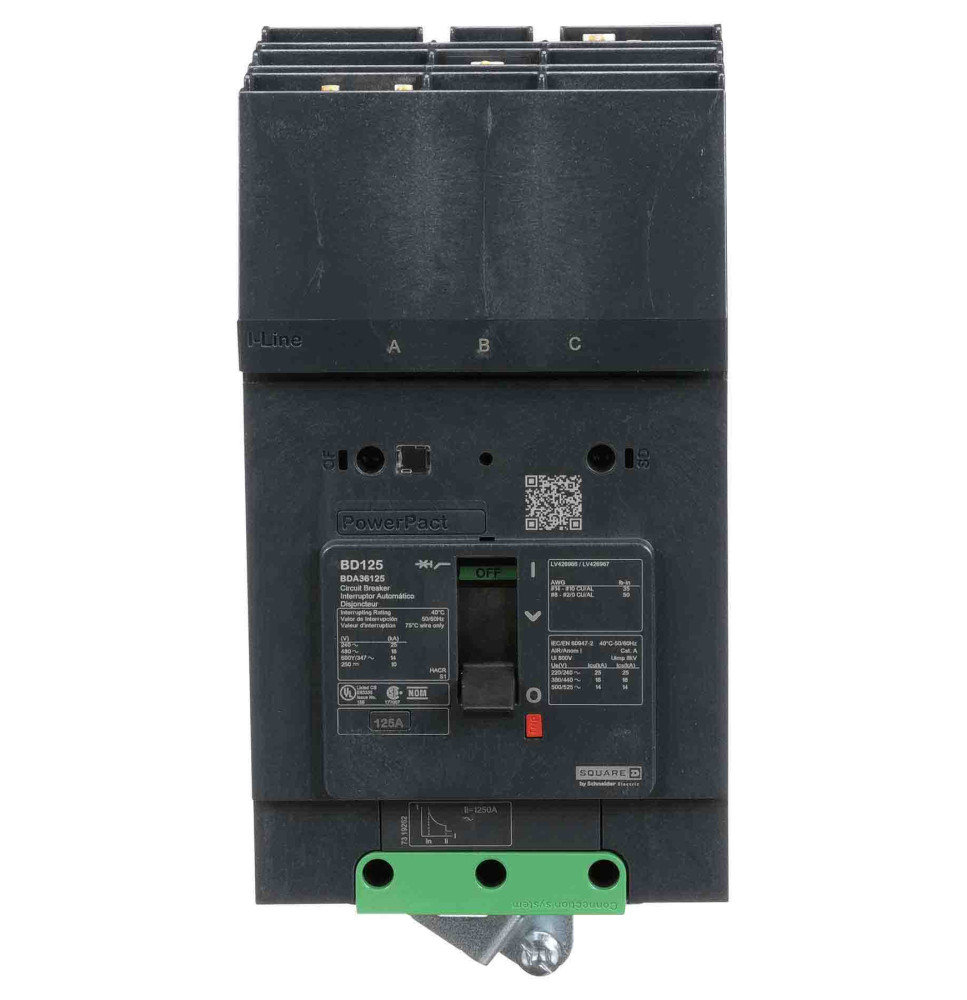 BDA36125 - Square D 125 Amp 3 Pole 600 Volt Molded Case Circuit Breaker