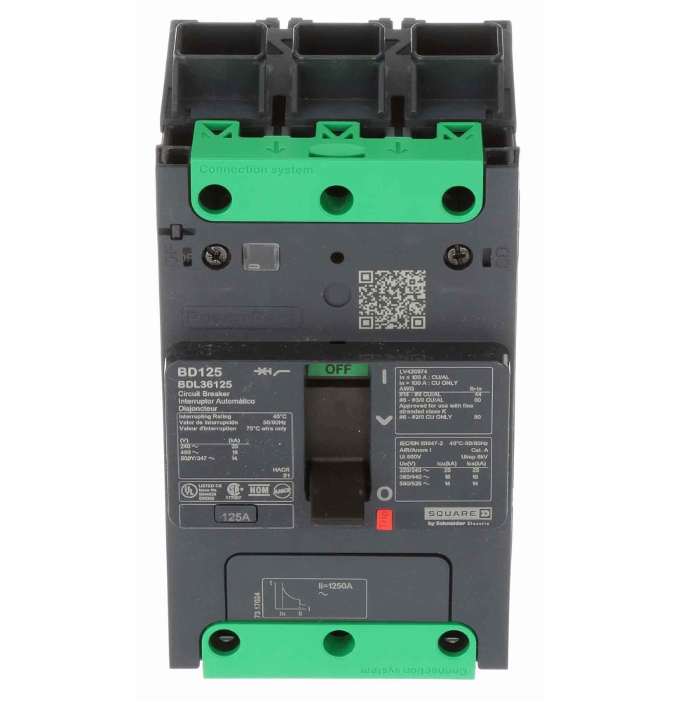 BDL36125 - Square D 125 Amp 3 Pole 600 Volt Molded Case Circuit Breaker