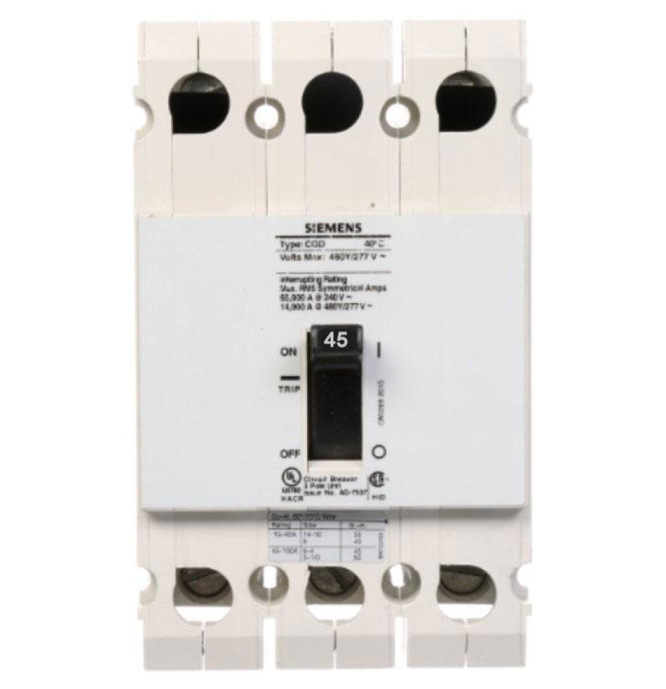 CQD345 - Siemens 45 Amp 3 Pole 480 Volt Molded Case Circuit Breaker