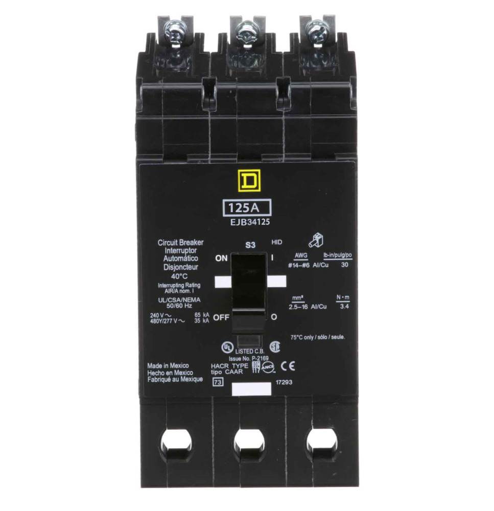 EJB34125 - Square D 125 Amp 3 Pole 480 Volt Molded Case Circuit Breaker