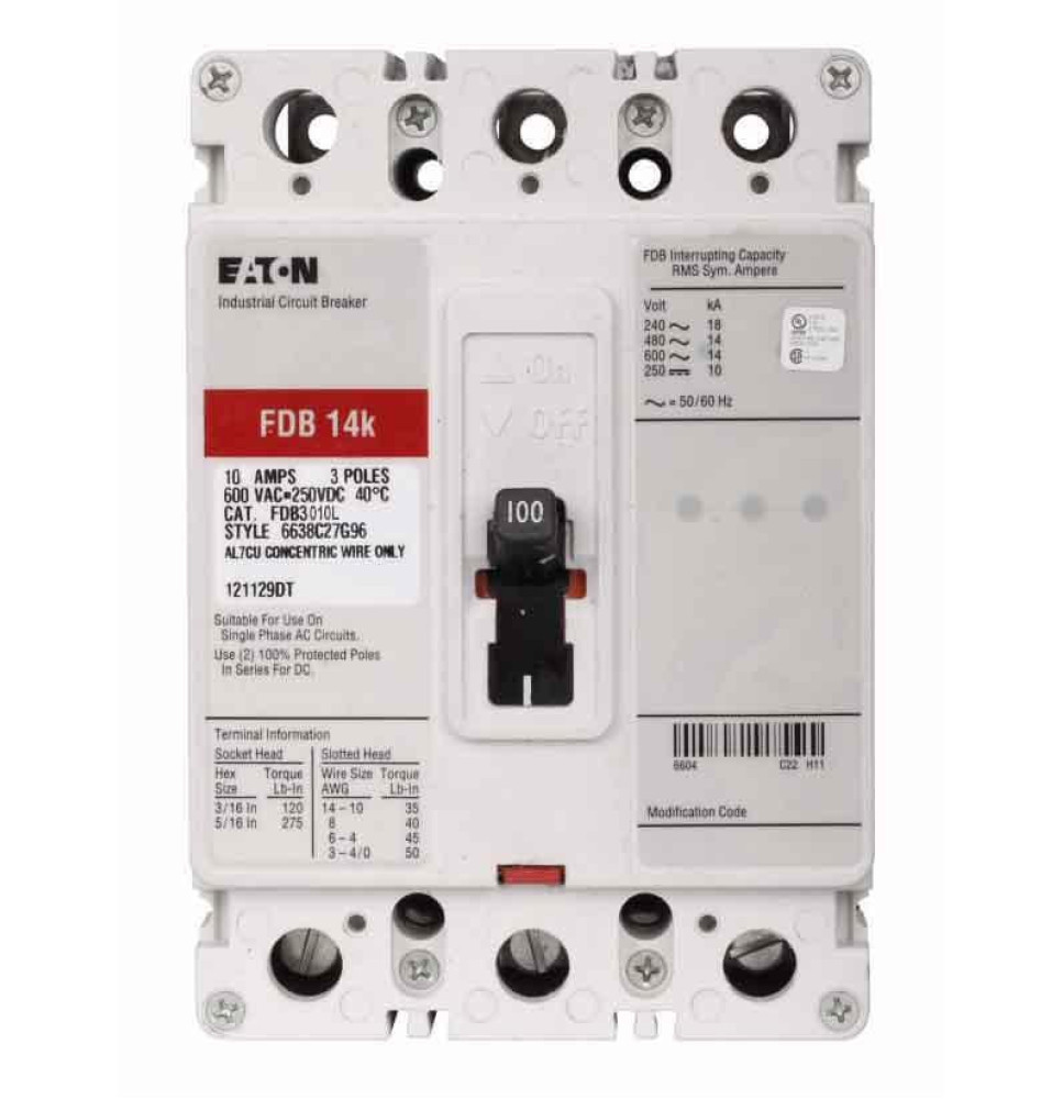 FDB3010L - Eaton Cutler-Hammer 10 Amp 3 Pole 600 Volt Molded Case Circuit Breaker