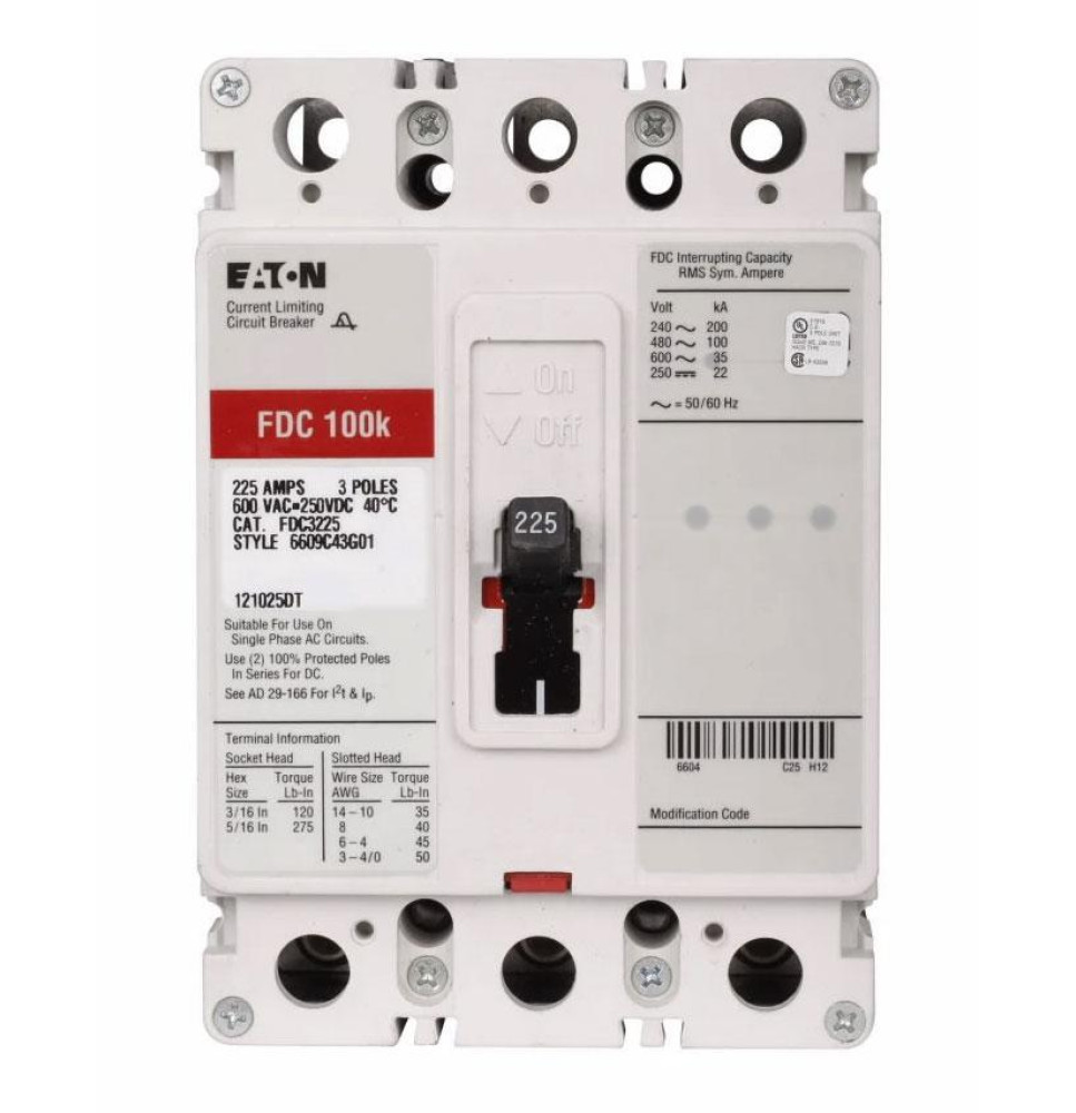 FDC3225 - Eaton Cutler Hammer 225 Amp 3 Pole 600 Volt Molded Case Circuit Breaker