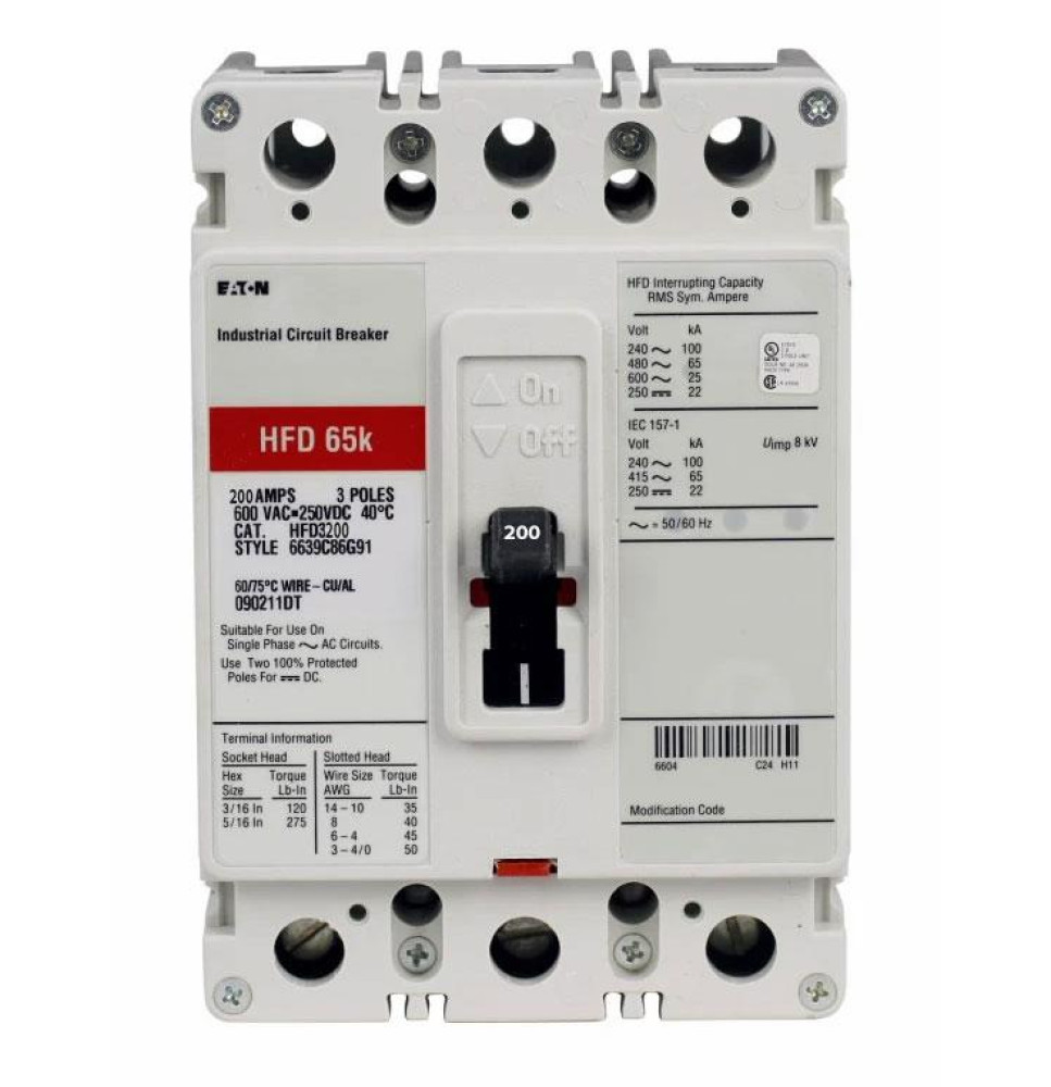 HFD3200 - Eaton Cutler Hammer 200 Amp 3 Pole 600 Volt Molded Case Circuit Breaker