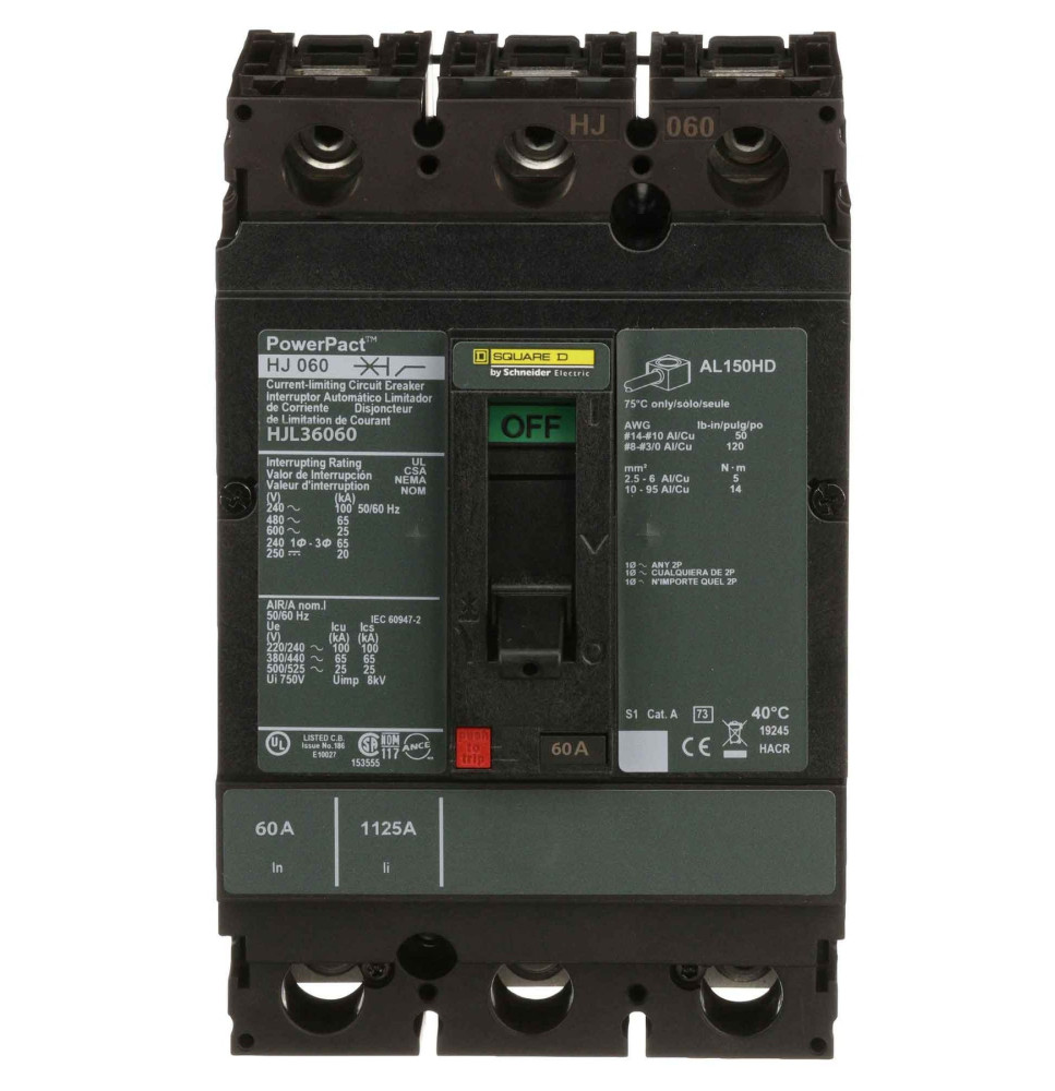 HJL36060 - Square D 60 Amp 3 Pole 600 Volt Molded Case Circuit Breaker