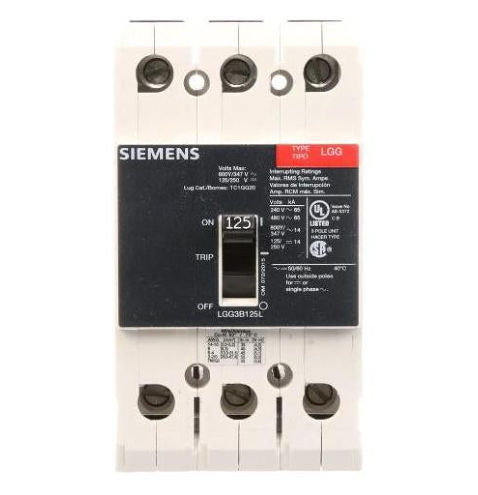 LGG3B125L - Siemens 125 Amp 3 Pole 600 Volt Molded Case Circuit Breaker