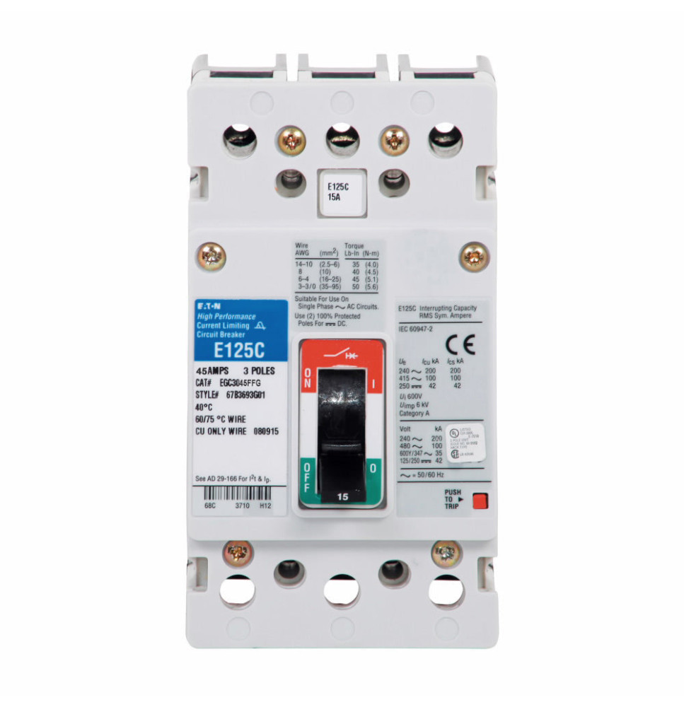 EGE3045FFG - Eaton Cutler-Hammer 45 Amp 3 Pole 600 Volt Feed Thru Molded Case Circuit Breaker