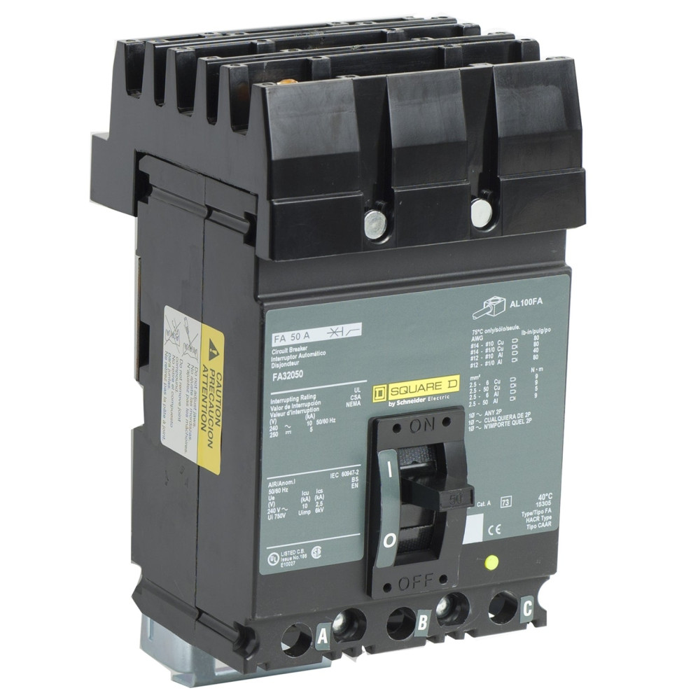 FA32050 - Square D 50 Amp 3 Pole 240 Volt Plug-In Molded Case Circuit Breaker