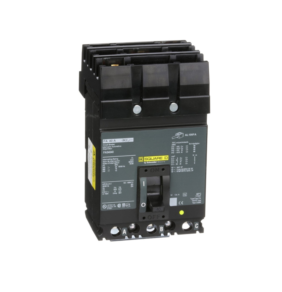 FA34040 - Square D 40 Amp 3 Pole 480 Volt Plug-In Molded Case Circuit Breaker