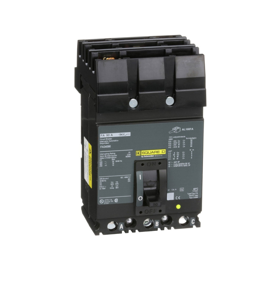 FA34090 - Square D 90 Amp 3 Pole 480 Volt Plug-In Molded Case Circuit Breaker