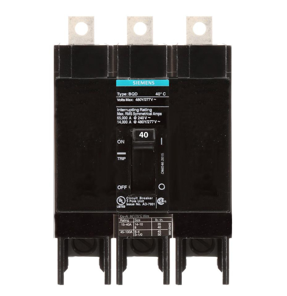 BQD6340 - Siemens 40 Amp 3 Pole 600 Volt Bolt-On Molded Case Circuit Breaker