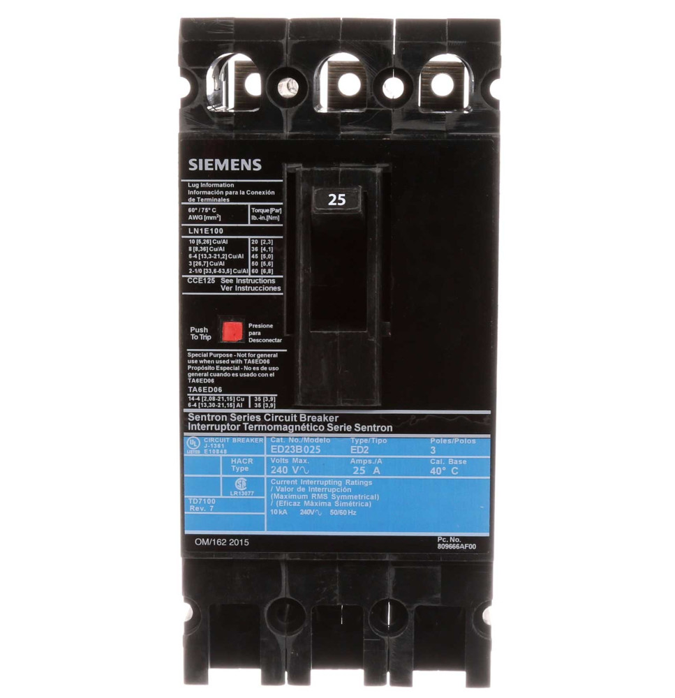 ED23B025 - Siemens 25 Amp 3 Pole 240 Volt Bolt-On Molded Case Circuit Breaker