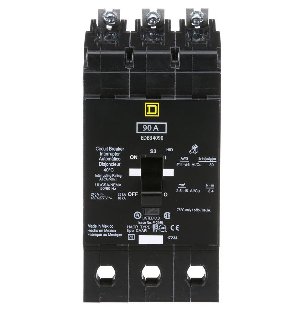 EDB34090 - Square D 90 Amp 3 Pole 480 Volt Bolt-On Molded Case Circuit Breaker