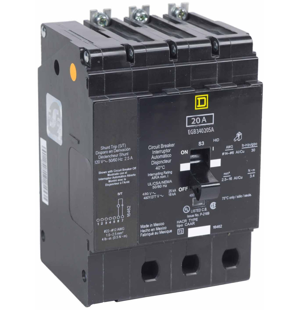 EGB34020SA - Square D 20 Amp 3 Pole 480 Volt Molded Case Circuit Breaker