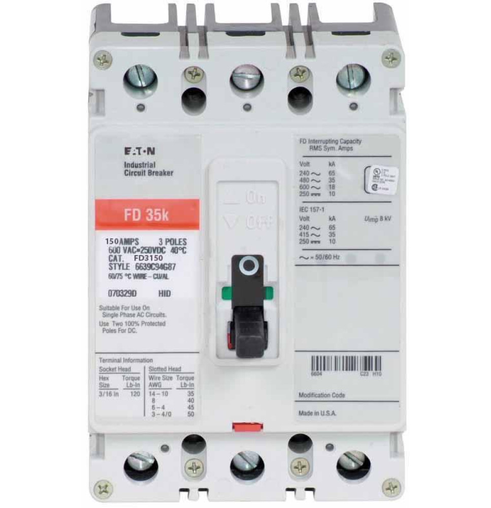 FD3150 - Eaton Cutler-Hammer 150 Amp 3 Pole 600 Volt Molded Case Circuit Breaker