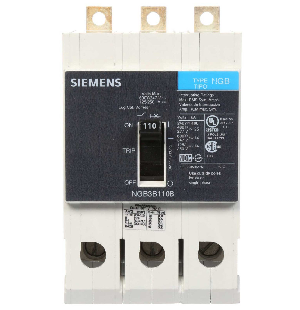 NGB3B110B - Siemens 110 Amp 3 Pole 600 Volt Bolt-On Molded Case Circuit Breaker