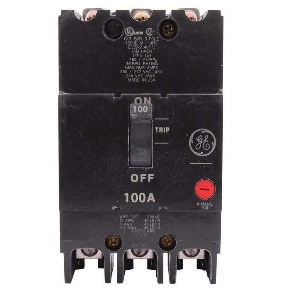 TEY3100 - GE 100 Amp 3 Pole 480 Volt Bolt-On Molded Case Circuit Breaker