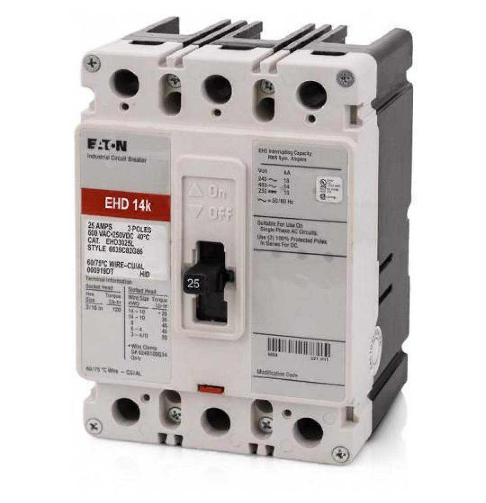 EHD3025L - Eaton Cutler-Hammer 25 Amp 3 Pole 480 Volt Molded Case Circuit Breaker
