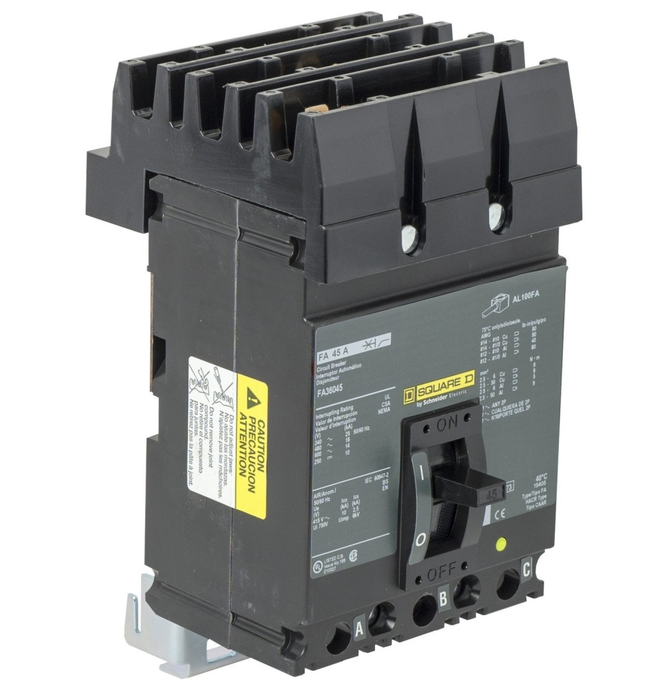 FA36045 - Square D 45 Amp 3 Pole 600 Volt Molded Case Circuit Breaker