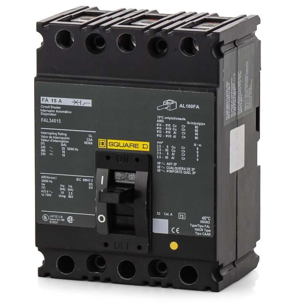 FAL34015 - Square D 15 Amp 3 Pole 480 Volt Lug Molded Case Circuit Breaker