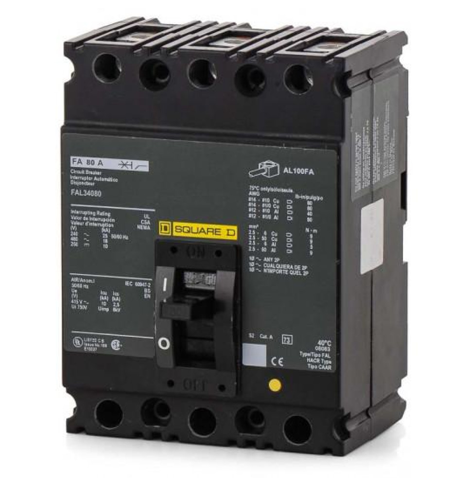 FAL34080 - Square D 80 Amp 3 Pole 480 Volt Lug Molded Case Circuit Breaker