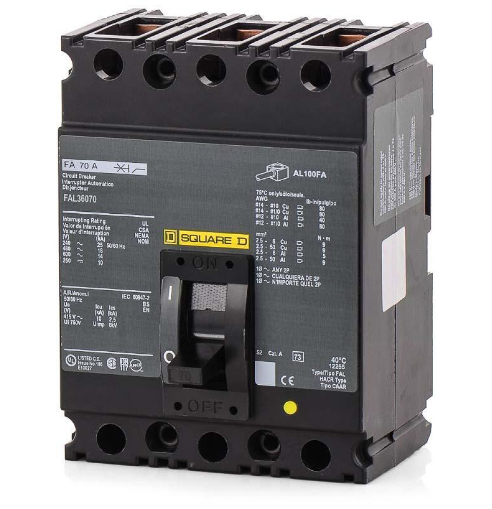 FAL36070 - Square D 70 Amp 3 Pole 600 Volt Lug Molded Case Circuit Breaker
