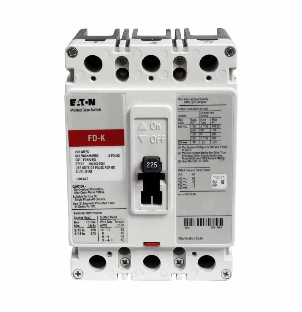 FD3225L - Eaton Cutler-Hammer 225 Amp 3 Pole 600 Volt Molded Case Thermal Magnetic Circuit Breaker