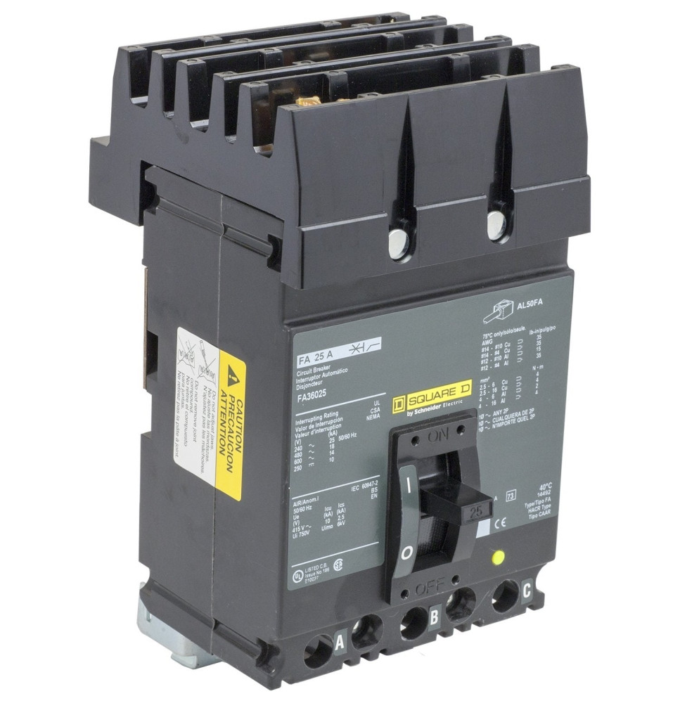 FH36025 - Square D 25 Amp 3 Pole 600 Volt Molded Case Circuit Breaker