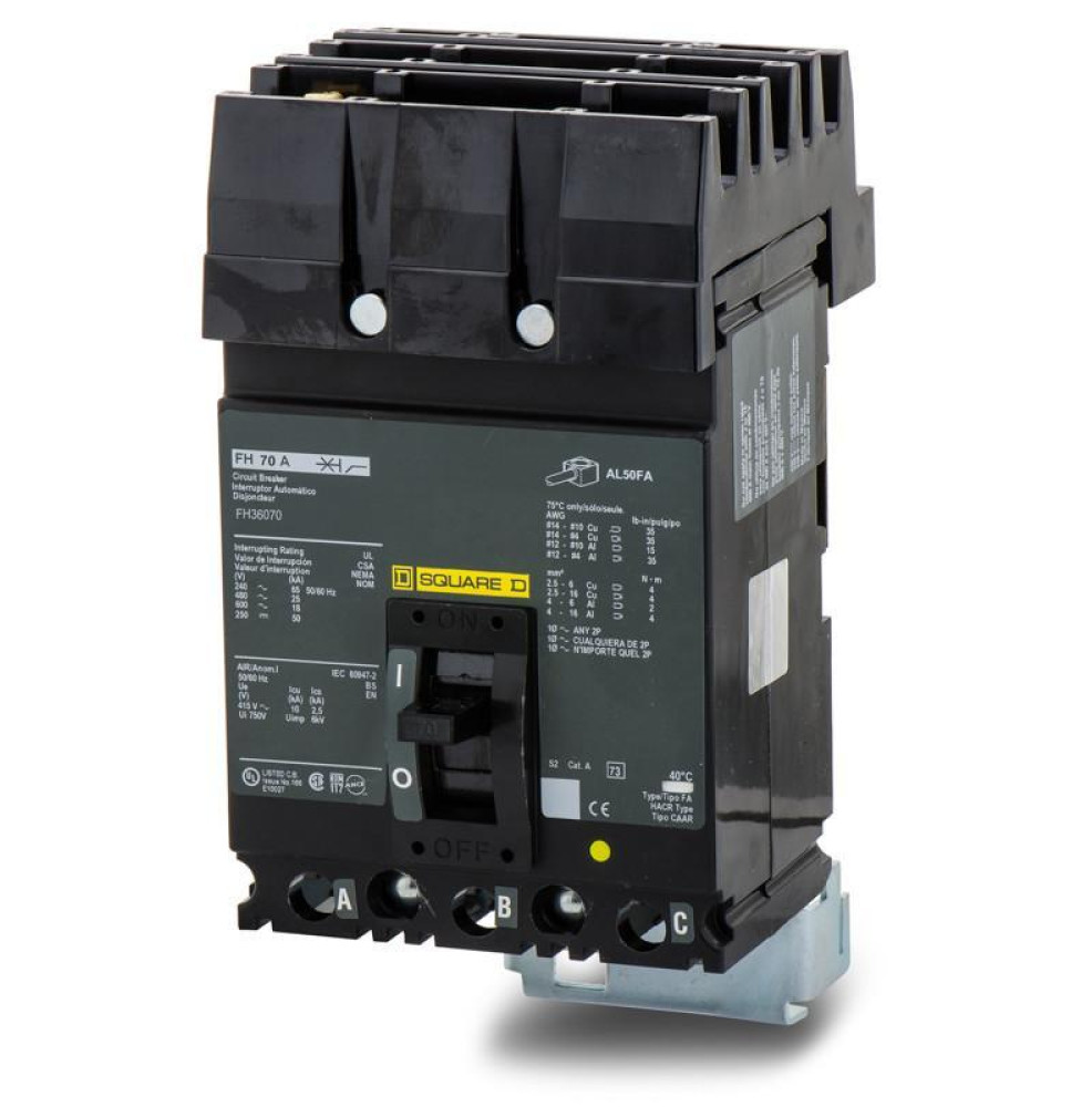 FH36070 - Square D 70 Amp 3 Pole 600 Volt Molded Case Circuit Breaker