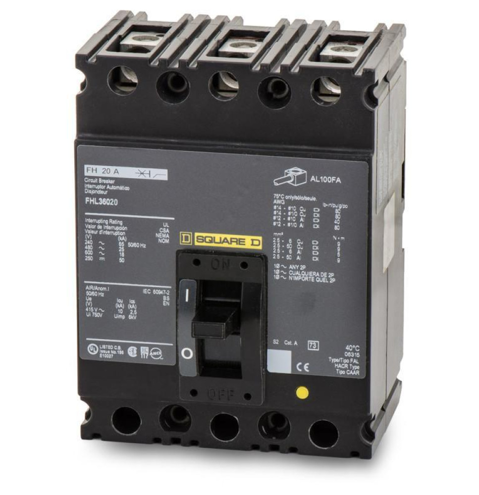 FHL36020 - Square D 20 Amp 3 Pole 600 Volt Lug Molded Case Circuit Breaker