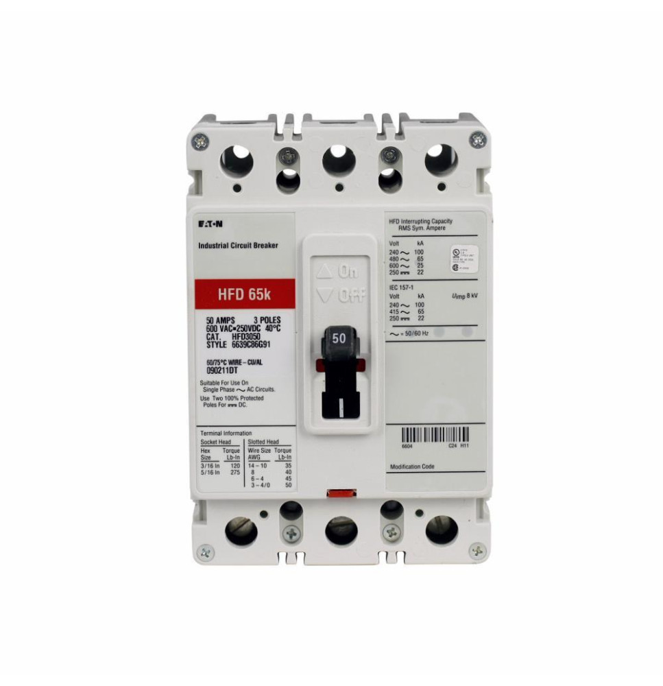HFD3060L - Eaton Cutler-Hammer 60 Amp 3 Pole 600 Volt Molded Case Circuit Breaker