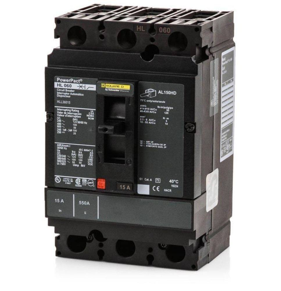 HLL36015 - Square D 15 Amp 3 Pole 600 Volt Lug Molded Case Circuit Breaker